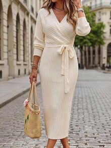 Hansera Autumn/Winter New Criss-Cross Strap Deep V-Neck Sexy Sweater Dress For Women Christmas - Apricot - View 4