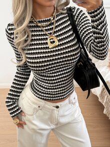 SHEIN EZwear 條紋針織女款長袖休閒百搭T恤 - 彩色 - 查看 1