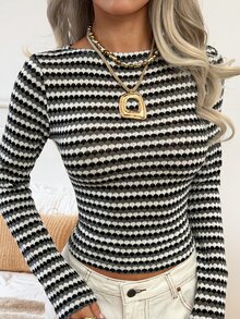 SHEIN EZwear 條紋針織女款長袖休閒百搭T恤 - 彩色 - 查看 3