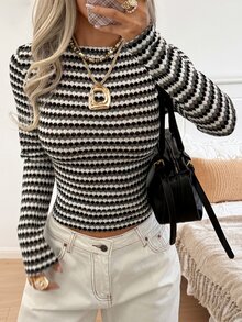 SHEIN EZwear 條紋針織女款長袖休閒百搭T恤 - 彩色 - 查看 6