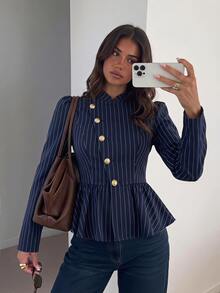 Siren Gaze Women's Metal Button Design Navy Blue Puff Long Sleeve Elegant Professional Casual Blazer Office Work Business Fall - Navy Blue - View 4