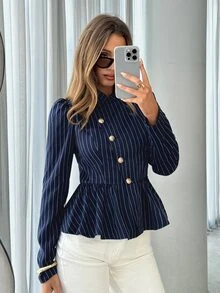 Siren Gaze Women's Metal Button Design Navy Blue Puff Long Sleeve Elegant Professional Casual Blazer Office Work Business Fall - Navy Blue - View 1