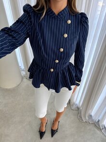 Siren Gaze Women's Metal Button Design Navy Blue Puff Long Sleeve Elegant Professional Casual Blazer Office Work Business Fall - Navy Blue - View 7
