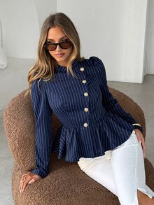 Siren Gaze Women's Metal Button Design Navy Blue Puff Long Sleeve Elegant Professional Casual Blazer Office Work Business Fall - Navy Blue - View 6