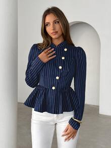 Siren Gaze Women's Metal Button Design Navy Blue Puff Long Sleeve Elegant Professional Casual Blazer Office Work Business Fall - Navy Blue - View 8
