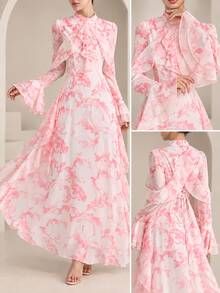 Graceveil Stand Collar White Floral Ink Print Double Layer Ruffle Sleeve Cinched Waist V-Neck Ruffle Hem Flared Chiffon Dress Wedding Date Night Autumn Elegant - Pink - View 2