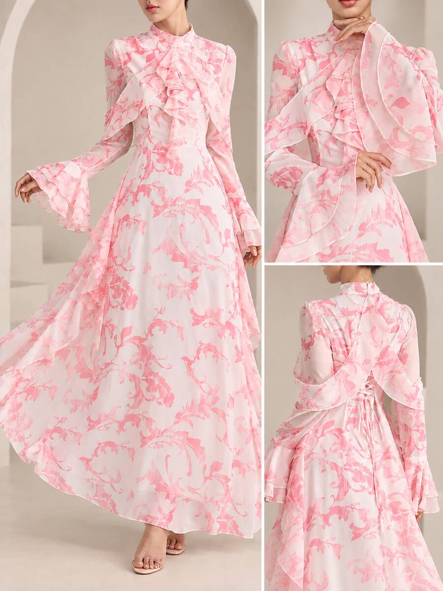 Graceveil Stand Collar White Floral Ink Print Double Layer Ruffle Sleeve Cinched Waist V-Neck Ruffle Hem Flared Chiffon Dress Wedding Date Night Autumn Elegant