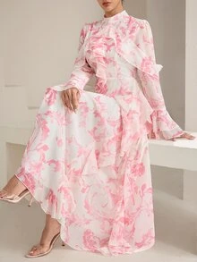 Graceveil Stand Collar White Floral Ink Print Double Layer Ruffle Sleeve Cinched Waist V-Neck Ruffle Hem Flared Chiffon Dress Wedding Date Night Autumn Elegant - Pink - View 6