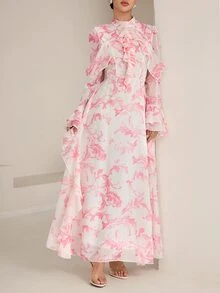 Graceveil Stand Collar White Floral Ink Print Double Layer Ruffle Sleeve Cinched Waist V-Neck Ruffle Hem Flared Chiffon Dress Wedding Date Night Autumn Elegant - Pink - View 8