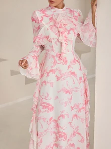 Graceveil Stand Collar White Floral Ink Print Double Layer Ruffle Sleeve Cinched Waist V-Neck Ruffle Hem Flared Chiffon Dress Wedding Date Night Autumn Elegant - Pink - View 5