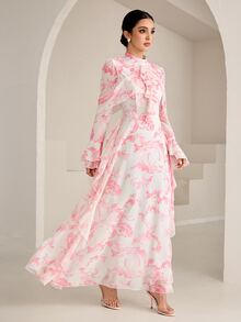 Graceveil Stand Collar White Floral Ink Print Double Layer Ruffle Sleeve Cinched Waist V-Neck Ruffle Hem Flared Chiffon Dress Wedding Date Night Autumn Elegant - Pink - View 9