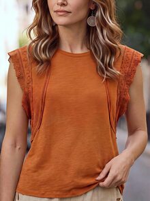 Hansera Women's Fashionable Orange Lace Patchwork Top - Orange - View 5