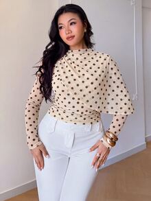 Auralis Plus Size Yellow Polka Dot Crew Neck Long Sleeve Ruched Cinched Waist Flowy Mesh High Elasticity Top/Autumn Retro Casual Style With Yellow Polka Dots - Yellow - View 3