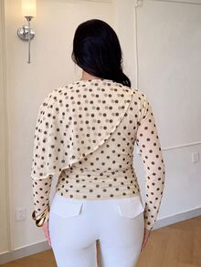 Auralis Plus Size Yellow Polka Dot Crew Neck Long Sleeve Ruched Cinched Waist Flowy Mesh High Elasticity Top/Autumn Retro Casual Style With Yellow Polka Dots - Yellow - View 4