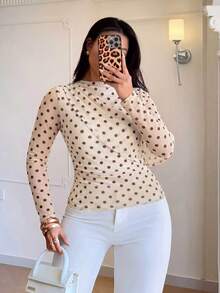 Auralis Plus Size Yellow Polka Dot Crew Neck Long Sleeve Ruched Cinched Waist Flowy Mesh High Elasticity Top/Autumn Retro Casual Style With Yellow Polka Dots - Yellow - View 5