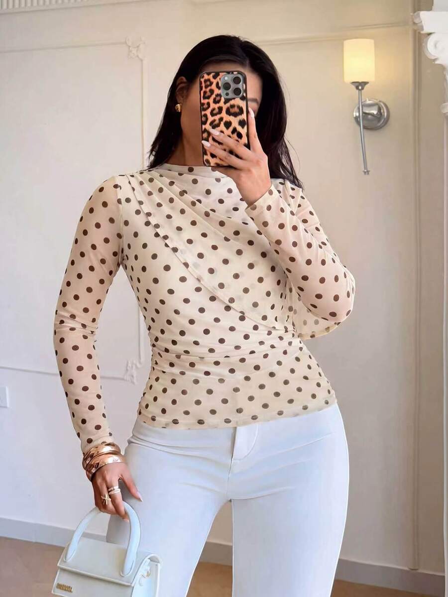 Auralis Plus Size Yellow Polka Dot Crew Neck Long Sleeve Ruched Cinched Waist Flowy Mesh High Elasticity Top/Autumn Retro Casual Style With Yellow Polka Dots