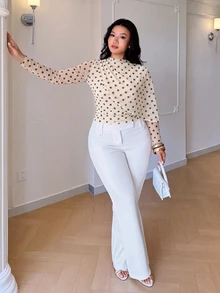 Auralis Plus Size Yellow Polka Dot Crew Neck Long Sleeve Ruched Cinched Waist Flowy Mesh High Elasticity Top/Autumn Retro Casual Style With Yellow Polka Dots - Yellow - View 6