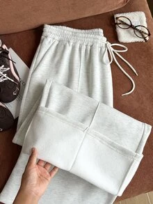 Comfortcana Plus Size Grey Thermal Lined Casual Straight Leg Sweatpants, Back To School Season - Light Grey - View 2
