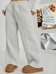 Comfortcana Plus Size Grey Thermal Lined Casual Straight Leg Sweatpants, Back To School Season - Light Grey - View 10