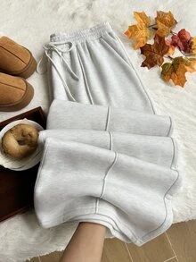 Comfortcana Plus Size Grey Thermal Lined Casual Straight Leg Sweatpants, Back To School Season - Light Grey - View 9