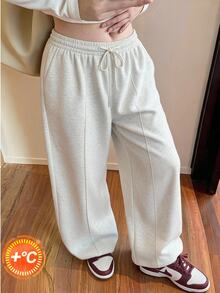Comfortcana Plus Size Grey Thermal Lined Casual Straight Leg Sweatpants, Back To School Season - Light Grey - View 1