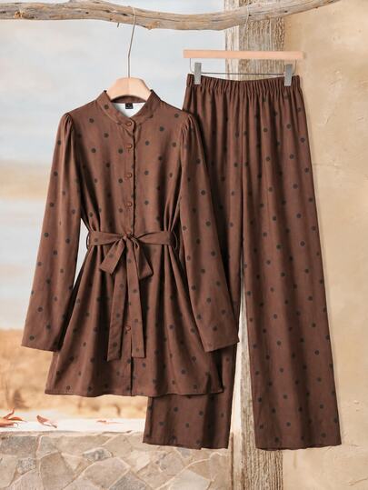 Rusticease Elegante set da donna a 2 pezzi con camicia a maniche lunghe e pantaloni con stampa a pois, marrone, stile vintage casual, abbigliamento autunnale e invernale per Capodanno