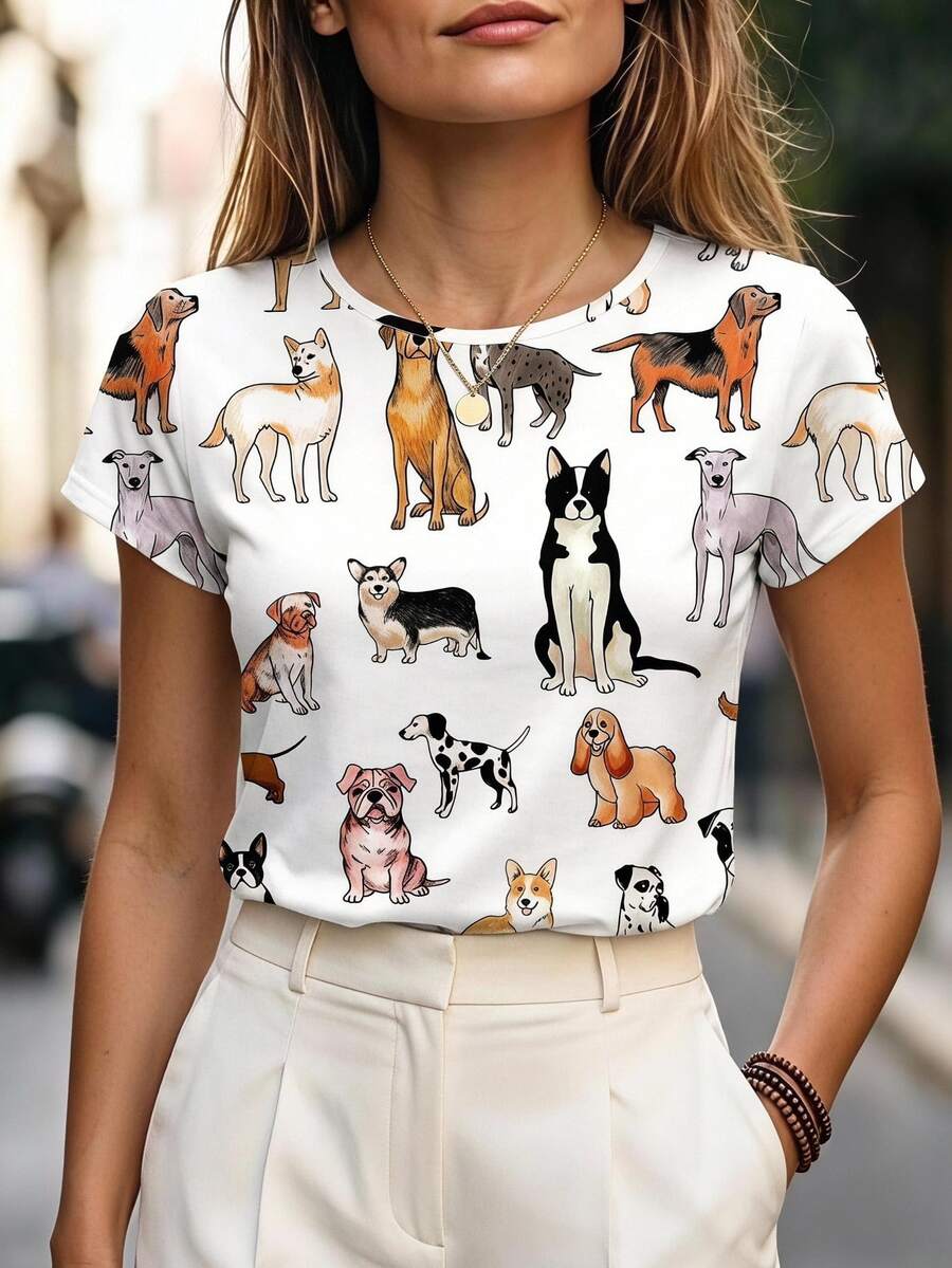 EMERY ROSE Casual Cute Colorful Puppy Graphic Round Neck Blouse For Women,
