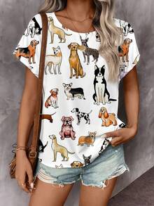 EMERY ROSE Casual Cute Colorful Puppy Graphic Round Neck Blouse For Women, - Multicolor - View 5