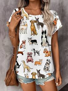 EMERY ROSE Casual Cute Colorful Puppy Graphic Round Neck Blouse For Women, - Multicolor - View 7