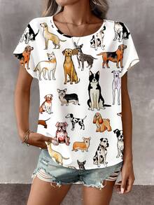EMERY ROSE Casual Cute Colorful Puppy Graphic Round Neck Blouse For Women, - Multicolor - View 8