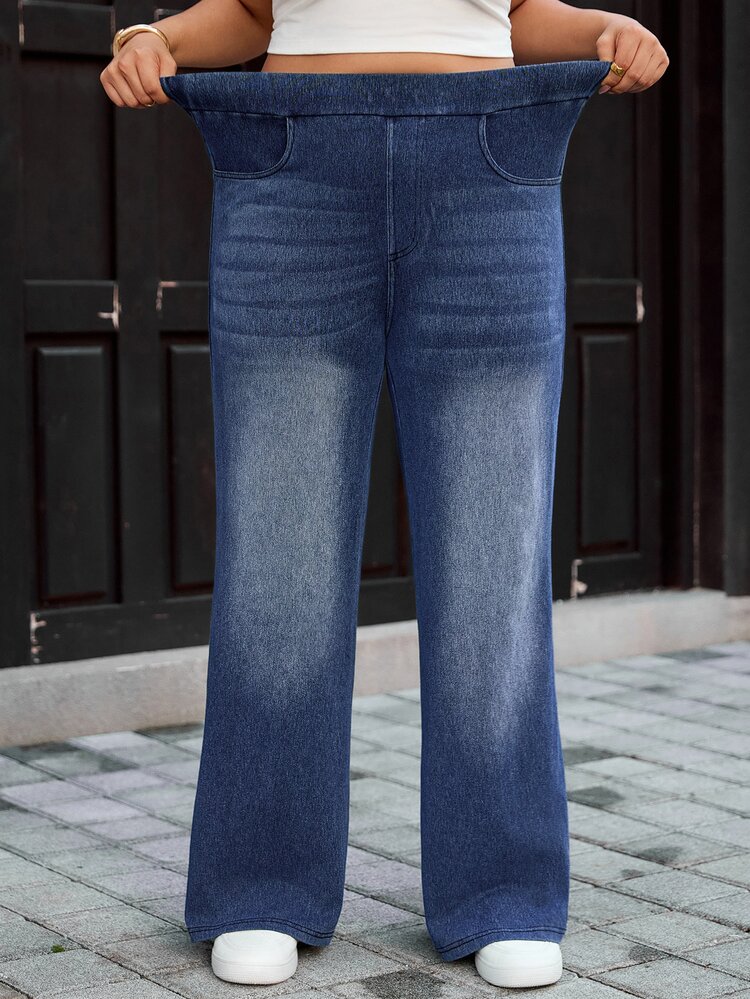 Flexra Summer Casual Stretch Straight Leg Denim Jeans Plus Size Women Elastic Waist Daily Comfort Vacation Brunch Dusty Blue - Dark Wash - View 1