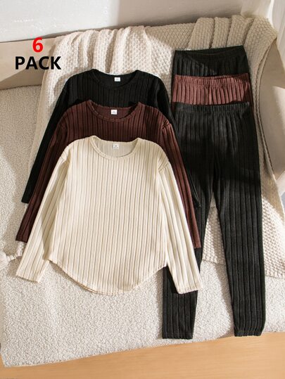 SHEIN ティーンガール 6点セット ニット ふわふわ リブ スウェットシャツ&パンツ、リブトップ&レギンス、カジュアル ファッション ミニマリスト 快適、秋冬
