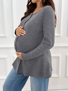 SHEIN Cardigan Rajut Lengan Panjang Leher Bulat Kancing Tunggal Warna Polos untuk Ibu Hamil (Musim Dingin) - Grey - View 5