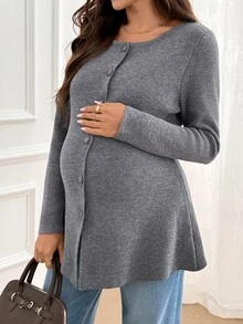 SHEIN Cardigan Rajut Lengan Panjang Leher Bulat Kancing Tunggal Warna Polos untuk Ibu Hamil (Musim Dingin) - Grey - View 8