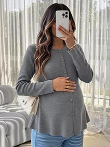 SHEIN Cardigan Rajut Lengan Panjang Leher Bulat Kancing Tunggal Warna Polos untuk Ibu Hamil (Musim Dingin) - Grey - View 2