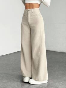 SHEIN PETITE Women's Solid Color Front Button Casual Wide Leg Pants, Suitable For Daily Wear ,Petite Women - Apricot - View 1