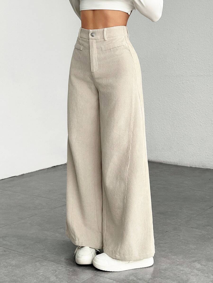 SHEIN PETITE Women's Solid Color Front Button Casual Wide Leg Pants, Suitable For Daily Wear ,Petite Women - Apricot - View 1