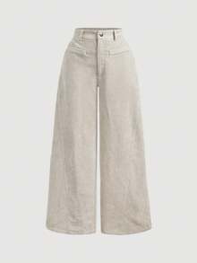 SHEIN PETITE Women's Solid Color Front Button Casual Wide Leg Pants, Suitable For Daily Wear ,Petite Women - Apricot - View 8