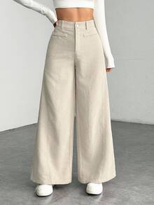 SHEIN PETITE Women's Solid Color Front Button Casual Wide Leg Pants, Suitable For Daily Wear ,Petite Women - Apricot - View 3