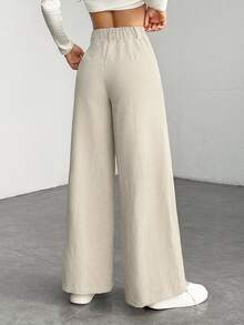 SHEIN PETITE Women's Solid Color Front Button Casual Wide Leg Pants, Suitable For Daily Wear ,Petite Women - Apricot - View 2