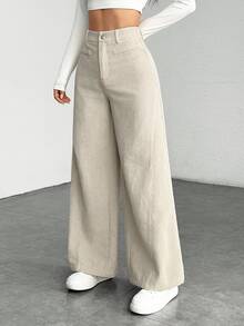 SHEIN PETITE Women's Solid Color Front Button Casual Wide Leg Pants, Suitable For Daily Wear ,Petite Women - Apricot - View 6