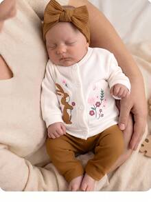 SHEIN Set Pakaian Bayi Baru Lahir Lengan Panjang Motif Bunga, Atasan dan Celana Kasual Sehari-hari untuk Musim Dingin - Khaki - View 9
