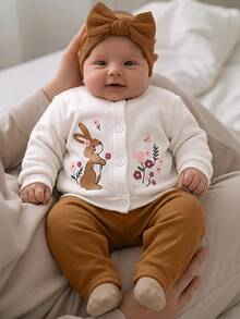 SHEIN Set Pakaian Bayi Baru Lahir Lengan Panjang Motif Bunga, Atasan dan Celana Kasual Sehari-hari untuk Musim Dingin - Khaki - View 3