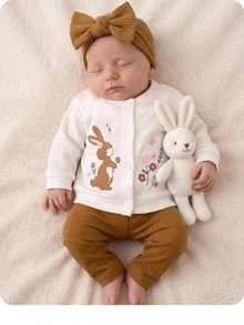 SHEIN Set Pakaian Bayi Baru Lahir Lengan Panjang Motif Bunga, Atasan dan Celana Kasual Sehari-hari untuk Musim Dingin - Khaki - View 1