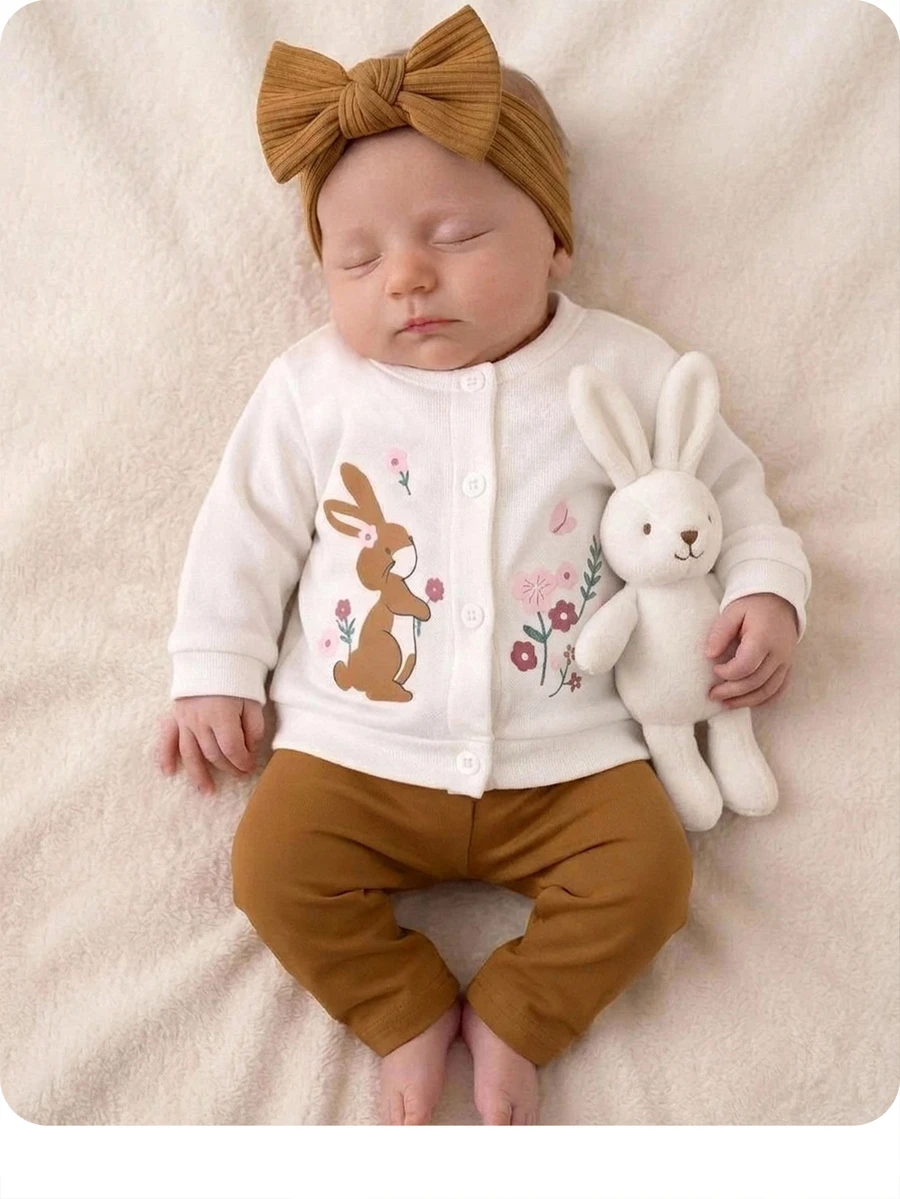 SHEIN Set Pakaian Bayi Baru Lahir Lengan Panjang Motif Bunga, Atasan dan Celana Kasual Sehari-hari untuk Musim Dingin - Khaki - View 1