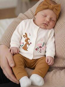 SHEIN Set Pakaian Bayi Baru Lahir Lengan Panjang Motif Bunga, Atasan dan Celana Kasual Sehari-hari untuk Musim Dingin - Khaki - View 2