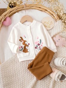 SHEIN Set Pakaian Bayi Baru Lahir Lengan Panjang Motif Bunga, Atasan dan Celana Kasual Sehari-hari untuk Musim Dingin - Khaki - View 7