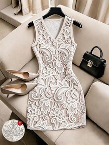 Franclia Women's Elegant V-Neck Printed Sleeveless Minimalist Commute Office Professional Dress For Vacation And Party - Apricot - View 1