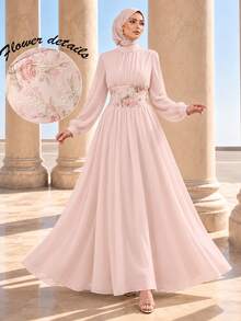 Graceveil Stand Collar Long Sleeve Patchwork Mesh Embroidered Cinched Waist Chiffon Dress Wedding Party Bride Getting Ready Dusty Pink Autumn Romantic Modest - Pink - View 2