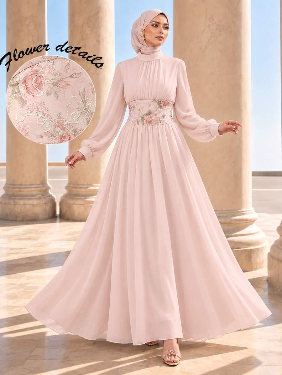 Graceveil Stand Collar Long Sleeve Patchwork Mesh Embroidered Cinched Waist Chiffon Dress Wedding Party Bride Getting Ready Dusty Pink Autumn Romantic Modest
